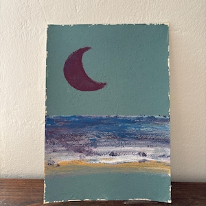 Dipinto di luna rossa e mare – Arte astratta con tecniche miste – Decorazione costiera fatta a mano