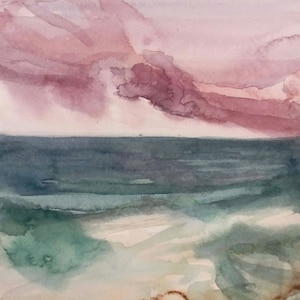Dipinto ad acquerello originale raffigurante la riva del mare al tramonto. Opera d'arte ad acquerello realizzata a mano su carta. Opera d'arte originale.