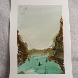 Pintura original en acuarela de Berlengas, Portugal, con barcos, el mar y las rocas. Obra de arte en acuarela hecha a mano sobre papel 100 % algodón.