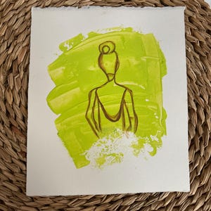 Girl Line Art Aquarell Malerei - Limettengrüner Hintergrund - Handgemachtes kleines Kunstwerk