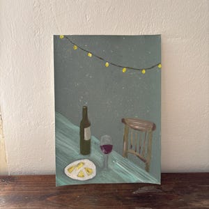 Natura morta con vino e formaggio – Arte mista fatta a mano – Decorazione della cucina