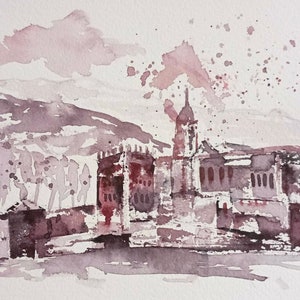 Pittura ad acquerello Alhambra Granada – Arte spagnola monocromatica – Originale fatto a mano