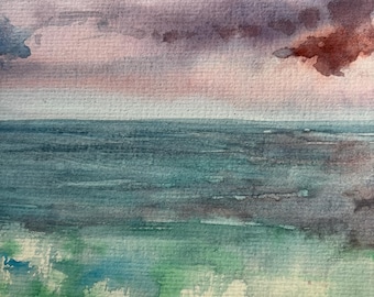 Beach Sunset Watercolor Painting – Handmade Abstract Ocean Art – Original