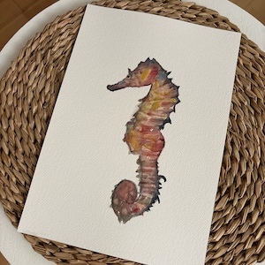 Original Orange Seahorse Watercolor Painting – Handmade Sea Horse Art – Watercolor on Paper – Unique Underwater Art
