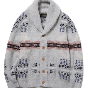 May include: A light gray, fuzzy, long-sleeve cardigan with a shawl collar and five brown buttons. The garment features a horizontal pattern in shades of brown, dark blue, and white. A black Pendleton brand label is visible at the inner neckline.