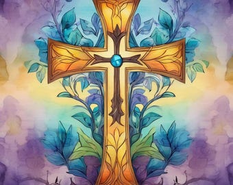 Radiant Harmony: A Cross Amidst Watercolor Leaves Full Drill DIY Diamond Painting Kit