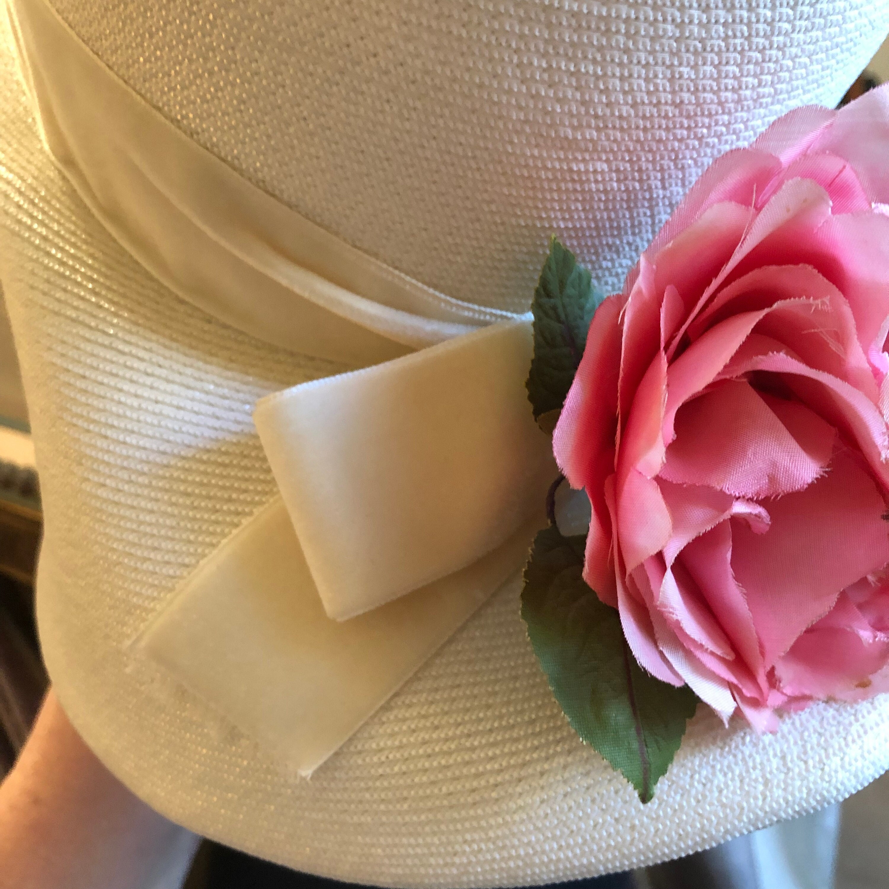 Vintage 1950s Cream millinery Hat with Pink and Green Flowers and Velvet Bow Vintage 1940s Pink Floral Tilt Hat, Velvet Bow & Netting  main image 4