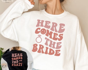 Womens Retro JGA Crewneck Bride & Team Front or Back Print, Cute Wavy Pink Bride Top, Here Comes The Bride Pullover, Groovy Bride Sweatshirt