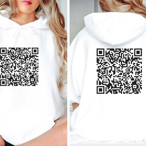 May include: White hoodie with a black and white QR code printed on the front and back.