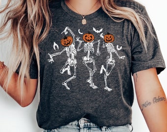 Dancing Skeleton Halloween T-Shirt, Womans Pumpkin Halloween T Shirt, Horror Gothic Tee, Fall Spooky Season TShirt, Halloween Gift For Woman