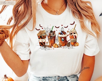 Horror Movie Coffee Latte T-Shirt, Horror Coffee Cup T Shirt, Women Halloween Drink Shirt , Halloween Gift for Woman, Coffee Lover Fall Tee