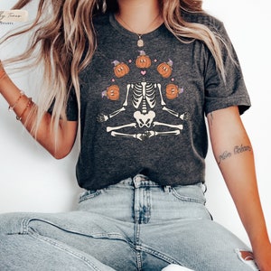 Cute Halloween Yoga T-Shirt for Women, Retro Yoga Skeleton Shirt, Yoga Lover Halloween Gift, Yoga Pumpkin T Shirt, Vintage Spooky Tshirt