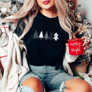 Boho Christmas tree shirt for woman, woman&#39;s holiday t-shirt, minimalist Christmas tree tshirt, cute Xmas gift for her, Xmas tree tee