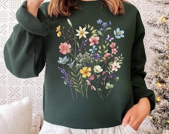 Sudadera con estampado de flores silvestres estilo cottagecore para mujer, camiseta botánica, sudadera con capucha floral, regalo navideño acogedor para ella, regalo para amantes de las flores, camiseta estética.