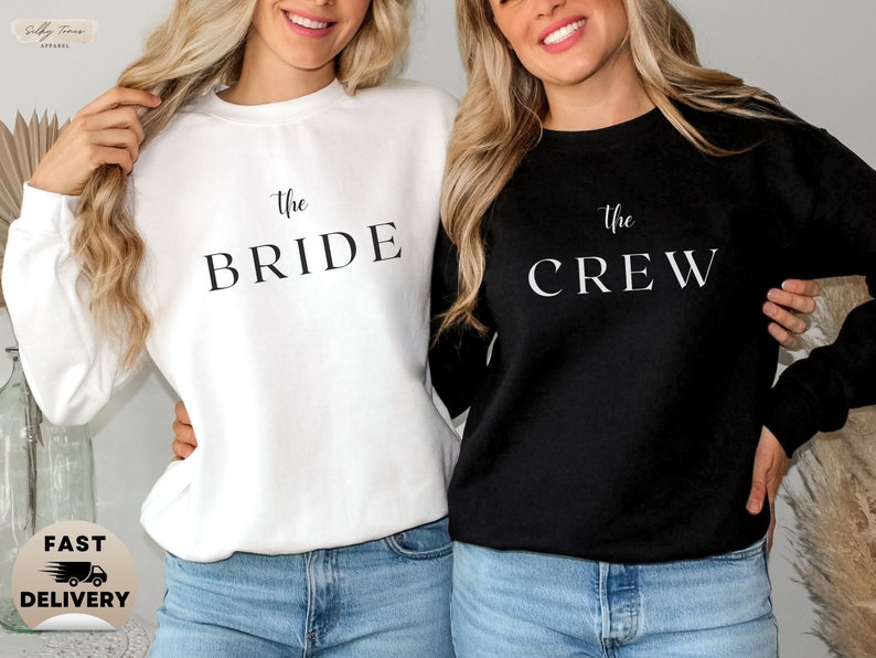 Sweatshirts JGA Bride & Crew simples et modernes pour femmes, sweat-shirt mariée, cadeau de mariage pour les mariées, pull mariée, col ras du cou de fiançailles image 1