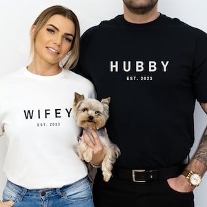 Personalized Matching Couples Shirts Wifey & Hubby Est 2023, Wedding Gift for Couples, Wifey Hubby T shirt, Minimal Aesthetic Couple Tshirts