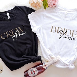 Woman&#39;s Personalized JGA T Shirts with Names Bride & Crew, Custom Bridesmaids Shirts, Cute Team Bride T-Shirt, Unique Wedding Gift for Bride