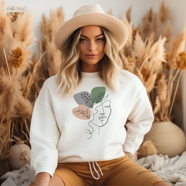 Sweat-shirt boho minimaliste pour femme, sweat-shirt face line art, pull boho, pull boho, cadeau d’amant boho, vêtements boho, pull unique