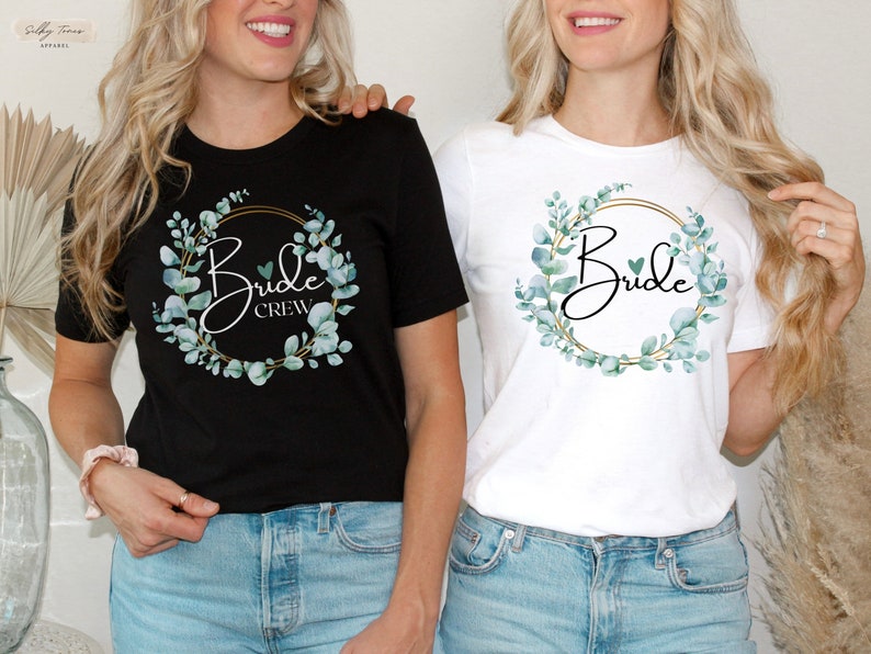 Florale Eukalyptus JGA Bride & Crew T-Shirts für Frauen, Team Bride T-Shirt, Geschenke für Bräute, Junggesellenparty-Shirt, Verlobungs-T-Shirt Bild 1