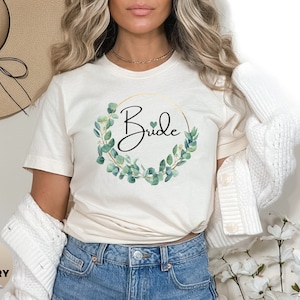 Woman&#39;s JGA Bride & Crew T-Shirt Eucalyptus, Wedding gift for brides, Team Bride Tshirt, Bachelorette Party Shirts, Engagement T shirt