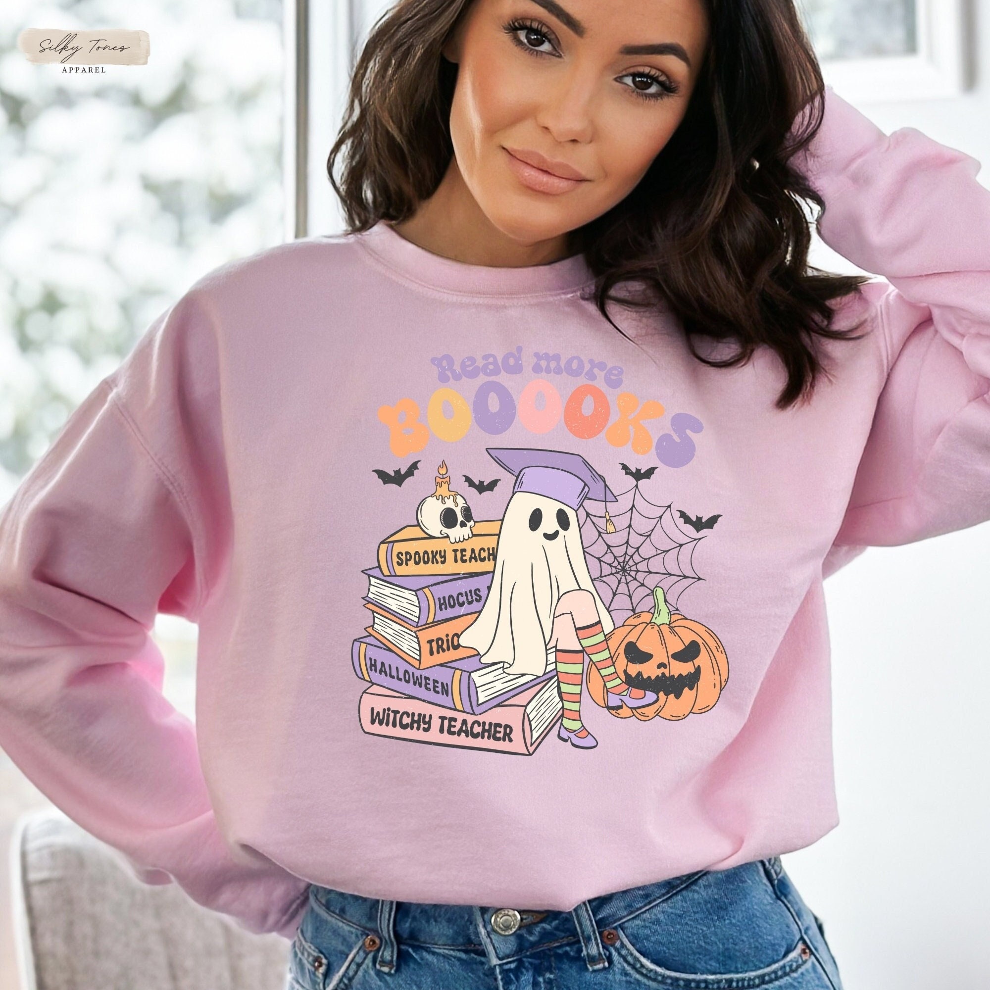 Bonita sudadera retro de Halloween para maestra para mujer, lee más libros, regalo de Halloween para amantes de los libros, suéter de regalo de Halloween para maestra