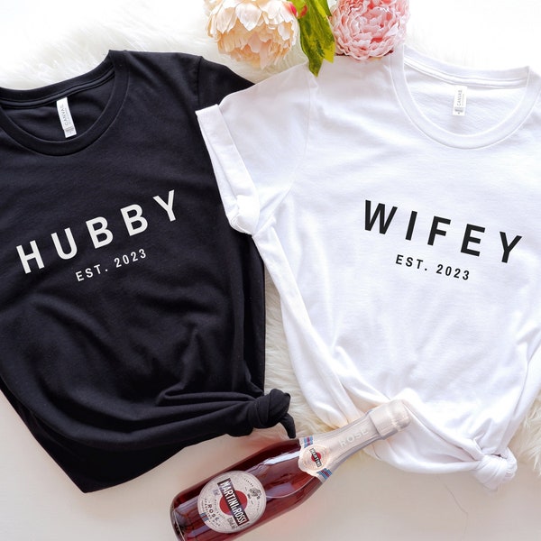 Hubby and Wifey Shirts Minimalist, Personalized Matching Couples T shirts with Date, Wedding Gift for Couples, Wifey Hubby Tshirt Aesthetic