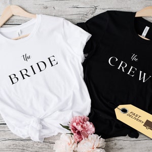 Damen JGA T-Shirt "Bride & Crew" schlicht und modern, Hochzeitsgeschenk für Bräute, Team Bride Tee, Junggesellenabschied Shirt, Verlobung T-Shirt