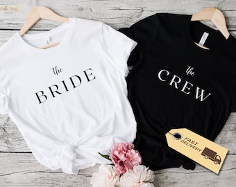 T-shirt JGA pour femme « Bride & Crew » simple et moderne, cadeau de mariage pour les mariées, t-shirt Team Bride, chemise EVJF, t-shirt de fiançailles