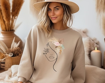 Unique face line art sweatshirt for woman, minimalist floral sweater, cozy boho pullover, boho lover woman gift, womens aesthetic crewneck