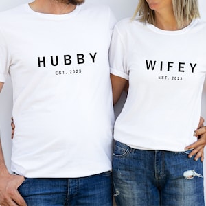 Hubby and Wifey Shirts Personalized with Date, Aesthetic Matching Couples T shirts, Wedding Gift for Couples, Wifey Hubby Tshirt Minimalist