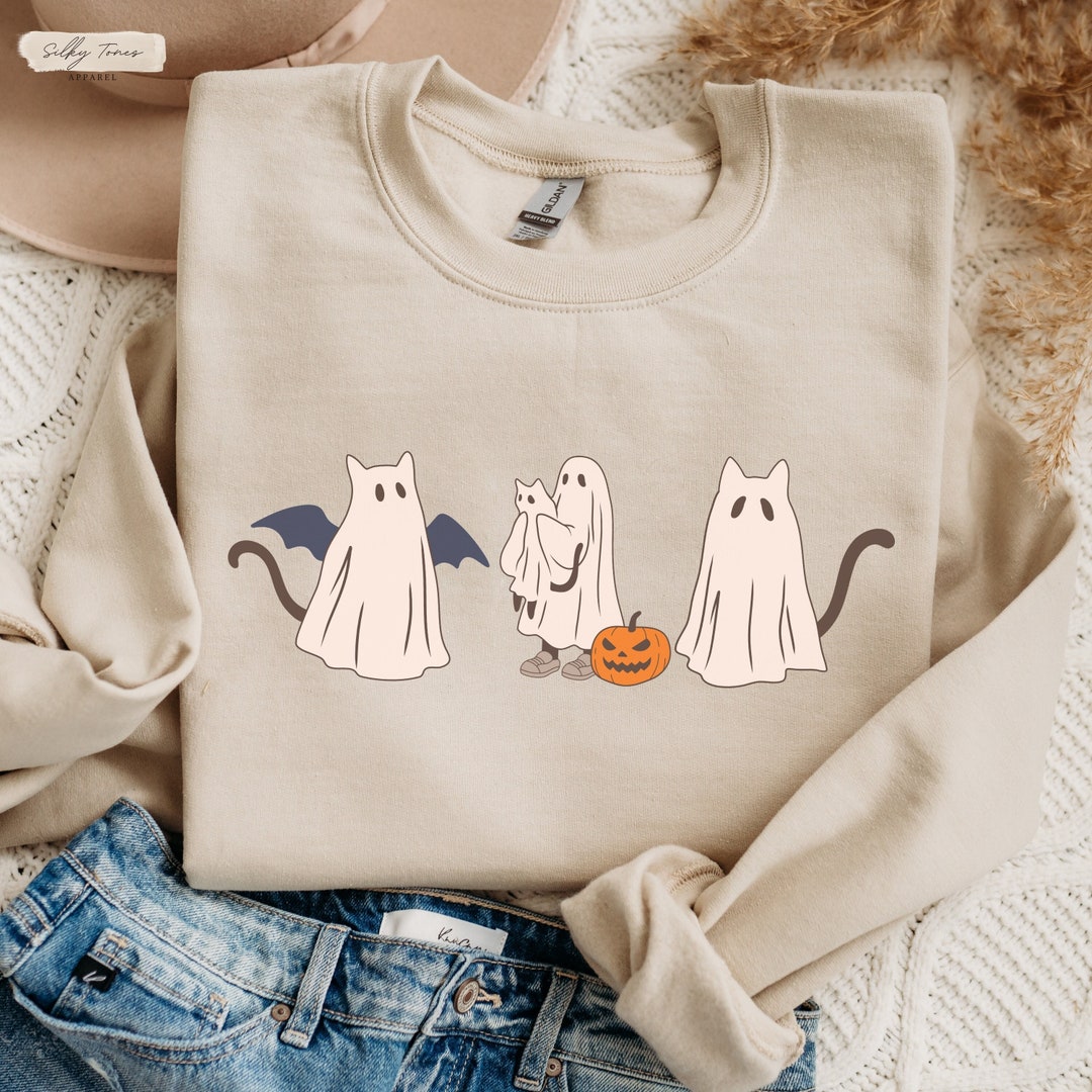Cute Ghost Cats Halloween Crewneck for Women Halloween Cat Etsy