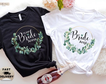 Personalisierte JGA Eukalyptus T-Shirts Braut & Team für Frau, benutzerdefinierte Team Braut Tshirts mit Namen, Hochzeitsgeschenk für Bräute, Brautjungfern Geschenk