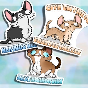 May include: Three cartoon stickers featuring different dog breeds with humorous text. The first sticker features a black and white corgi with the text "Nervous Rex". The second sticker features a brown and white cat with the text "Give 'em the ol' Frazzle Dazzle". The third sticker features a brown and white cat with the text "Rex-traordinary".