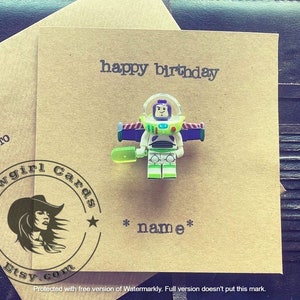 Handgestempeld minifiguur wenskaart Cadeau gepersonaliseerd Happy Birthday Toy Story Buzz GRATIS VERZENDING VK