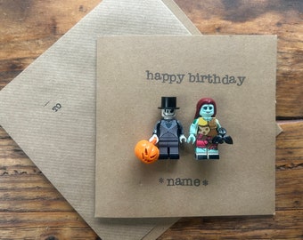 Personalised Card Gift Anniversary Birthday, Jack Skellington and Sally Nightmare Before Christmas Halloween MiniFigure FREE UK SHIPPING