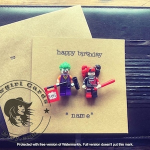 Tarjeta de felicitación con minifigura estampada a mano, regalo de feliz cumpleaños, San Valentín, Joker y Harley Quinn, ENVÍO GRATIS AL REINO UNIDO