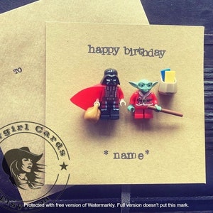 Handgestempeld wenskaart cadeau Merry Christmas gepersonaliseerde Darth en Yoda Star Wars minifiguur GRATIS VK VERZENDING kousvuller