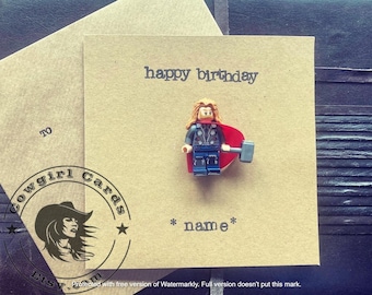 Hand Stamped Minifigure Greeting Card Gift Personalised Happy Birthday Thor Superhero FREE UK SHIPPING