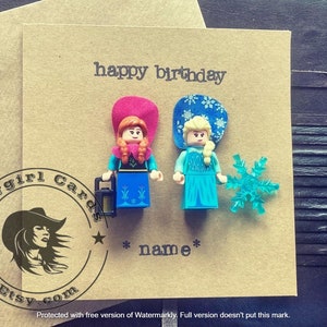 Hand gestempelt Prinzessin Minifigur Grußkarte Geschenk alles Gute zum Geburtstag Ana und Elsa Frozen FREE UK VERSAND