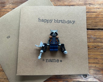 Hand Stamped Greeting Card Gift Happy Birthday Personalised Guardians of the Galaxy Rocket Family MiniFigure FREE UK SHIPPING