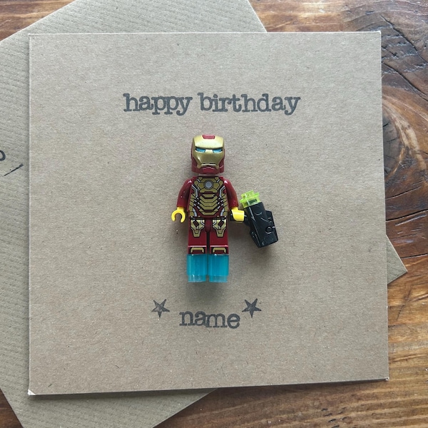 Tarjeta de felicitación con minifigura estampada a mano, regalo personalizado, feliz cumpleaños, padre, Iron Man 3000, esposo, novio, superhéroe. ENVÍO GRATIS AL REINO UNIDO.