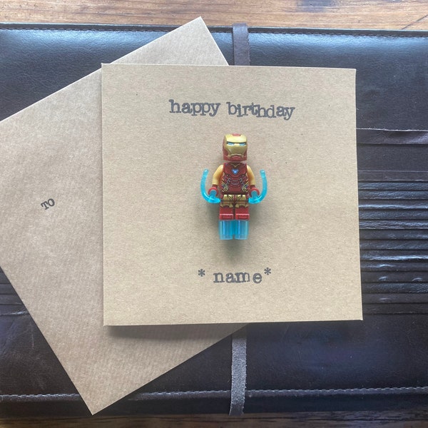 Hand Stamped Minifigure Greeting Card Gift Personalised Happy Birthday Father Iron Man 3000 Husband Boyfriend Superhero FREE UK SHIPPING