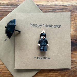 Hand Stamped Greeting Card Gift Happy Birthday Personalised Wednesday Horror Family MiniFigure FREE UK SHIPPING