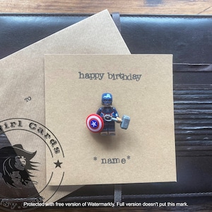 Hand gestempelt Mini Figur Grußkarte Geschenk personalisierte alles Gute zum Geburtstag Captain America Superheld KOSTENLOSER UK VERSAND