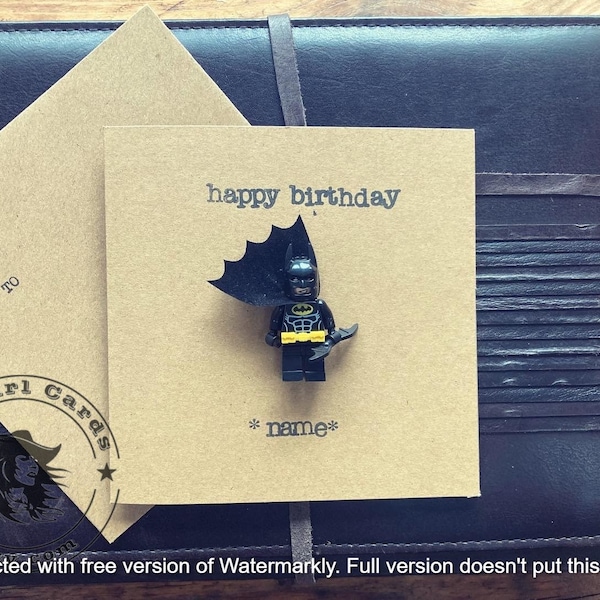 Hand Stamped Minifigure Greeting Card Gift Personalised Happy Birthday Father Superhero FREE UK SHIPPING