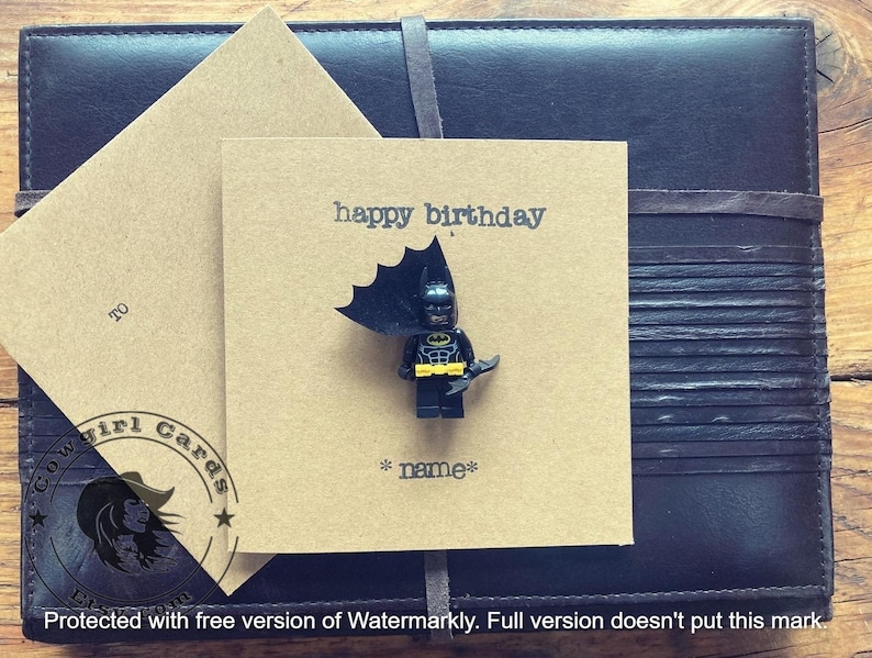 Hand Stamped Minifigure Greeting Card Gift Personalised Happy Birthday Father Superhero FREE UK SHIPPING image 1