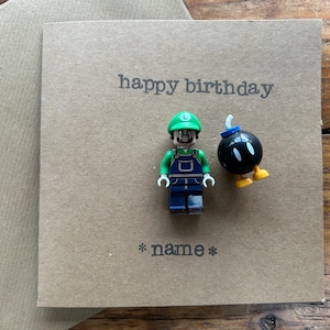 Hand Stamped Luigi Minifigure Greeting Card Gift Personalised Happy Birthday Video Game Kart FREE UK SHIPPING