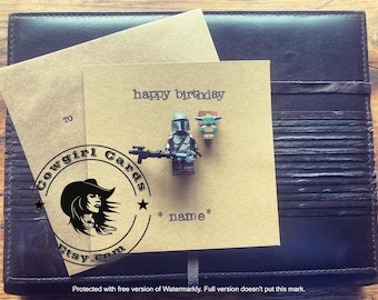 Hand Stamped Minifigure Greeting Card Gift Personalised Happy Birthday Mandalorian and Child Intergalactic Star Wars FREE UK SHIPPING