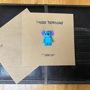 Hand Stamped Minifigure Greeting Card Gift Personalised Happy Birthday Stitch Family Alien FREE UK SHIPPING