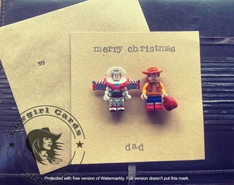 Hand Stamped Minifigure Greeting Card Gift Merry Christmas Buzz and Woody Toy Story Christmas Special FREE UK SHIPPING